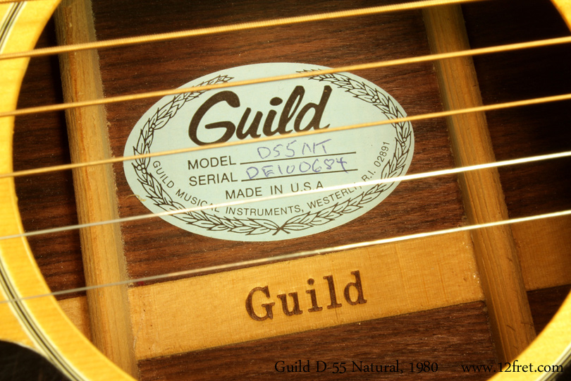 The D-55 was the top of Guild's dreadnought line, and was available with a sunburst finish in the top or, as with this D55NT example, a natural finish.  Built in the Westerly, Rhode Island plant, this fine example of Guild's production illustrates why Guild guitars gained their reputation for quality and solid construction.