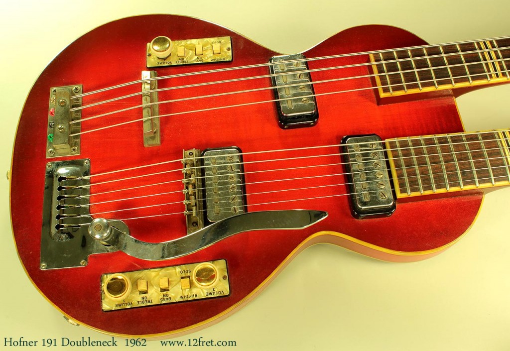 Hofner made a lot of popular instruments in the late 50's and early '60's. This is a rare example of their doubleneck 191 model. It's recently been overhauled in our shop and looks great, plays well, and has that early '60's sound.