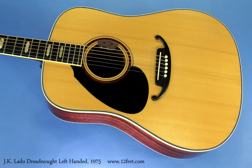 Here's a J. K. Lado dreadnaught acoustic from 1975 - left handed!

Joseph Kovacic has operated the Lado guitar company for many years, and before he expanded his workshop in Uxbridge, he worked out of 920 Kingston Road, Toronto.   Shortly after he left that location in 1976, The Twelfth Fret opened its doors. 

This is a good example of Lado instruments of that period.