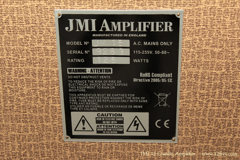 Here is a near-mint 2010 JMI 15 combo amplifier. 

In the late 1950's to the mid 1960's, JMI - Jennings Musical Instruments - built Vox amps and these were *the* amps to have in the UK.  In 1964, JMI was sold to the Royston group and American rights went to the Thomas Organ Company.   Jennings left in 1967, Marshall became the dominant amplifier, and JMI folded in 1968.