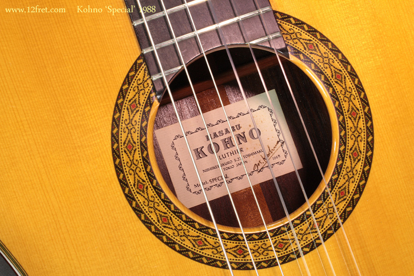 Here's a Masaru Kohno Special guitar from 1988.   

Born in Osaka, Japan, Masaru Kohno studied under Arcángel Fernández in Madrid, Spain from 1960.   By 1967, he was winning world-level guitar building competitions.   

Known for very high quality workmanship, materials and tone,  this is an excellent example of Kohno's work.