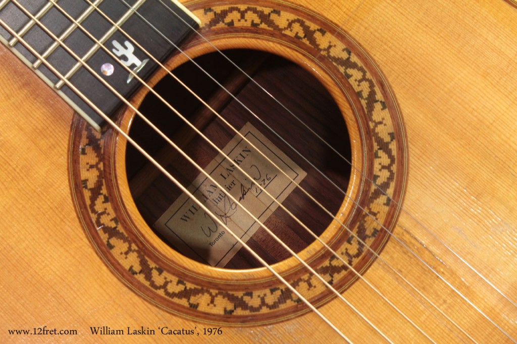 This 1976 William Laskin Cactus Guitar is named (by us) for the fingerboard inlay.   Between the last fret and the soundhole, there is a small inlay of a cactus and a moon, rendered in mother of pearl and abalone.