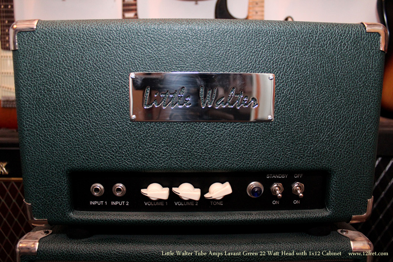 Here is a very cool Lavant Green Little Walter Tube Amps 22 Watt Head with 1x12 Cabinet, built to The Twelfth Fret's specifications.The Little Walter 22 Watt head has two channels, normal and bright; each has a volume control but share a tone control.  It's capable of great breakup with good volume and lots of character.  It's based on the Little Walter 15-watt model, but with larger power and output transformers.