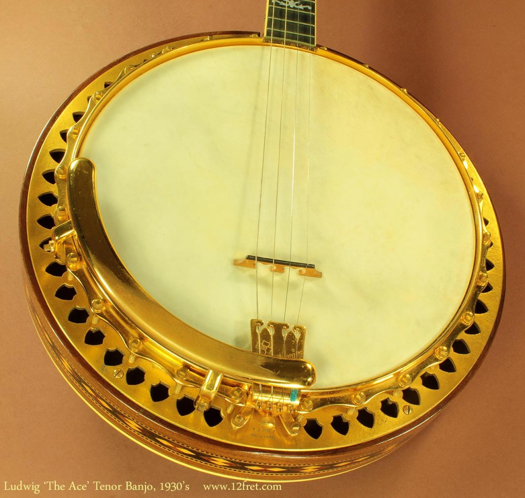 Beautiful  Ludwig Ace top-tension plectrum banjo. Gold-plated metalwork, including pancake tuners and original tailpiece. Marquetry all over rim and resonator.  The Ace model was the middle of the Ludwig line, but might have been the most aesthetically pleasing of the lot -- fancier than the 