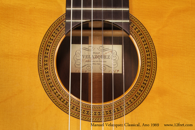 Manuel Velazquez has been near the top of North American classical guitar builders for decades.  This Ano 1969 Manuel Velazquez Classical guitar was built in 1969, after Velazquez' 1966 return to the US. At this point, he was working alone and  building 10 to 15 instruments per year.