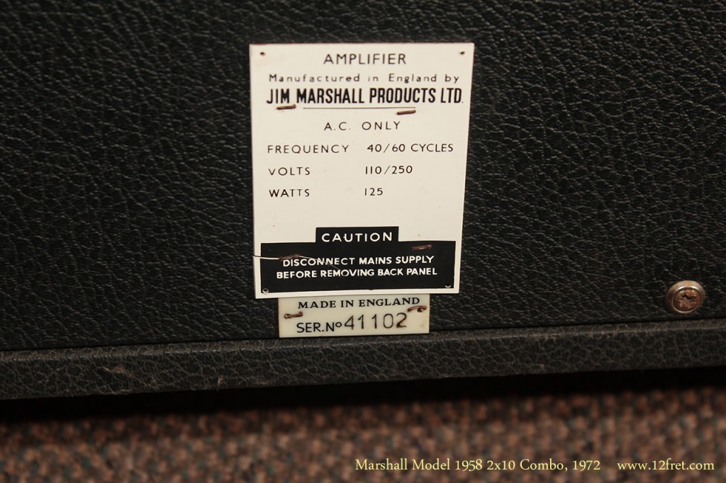Between 1968 and 1972, Marshall built a number of 'combo' style amplifiers, where the amp and speakers are in one cabinet. This 1972 Marshall Model 1958 2x10 Combo features four inputs on two channels; channel 2 has a vibrato circuit.