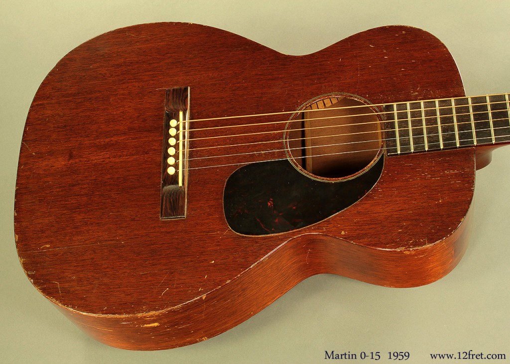 Here is a great-sounding 1959 Martin 0-15 guitar. It has had repairs over its life, but is structurally sound and a really nice fingerstyle guitar.