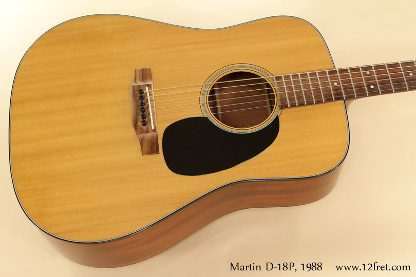 This 1988 Martin D-18P is a subtle variation of the basic D-18 design, with a lower-profile 'Performer' series neck shape.   This example is in quite good condition, and has that clean, tight D-18 tone.