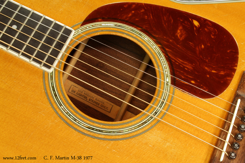 This 1977 Martin M-38 is from the second year of production.   It's in good shape with a few pick marks on the top upper treble bout, but otherwise no major dings or dents.  It plays well and really sounds good.