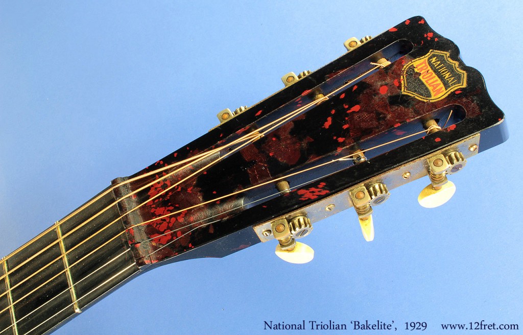 On display here is a 1929 1929 Bakelite Neck National Triolian.  Bakelite-neck Nationals were made from about February 1929 to August 1930 for a production total of around 1800 instuments. Bakelite-neck Nationals are quite rare, for two main reasons.