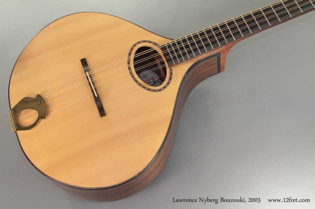 From 2003, this Lawrence Nyberg Bouzouki features a carved Engelmann spruce top paired with Indian Rosewood back and sides.  The 24 inch scale length is mahogany with an ebony fingerboard and headplate.