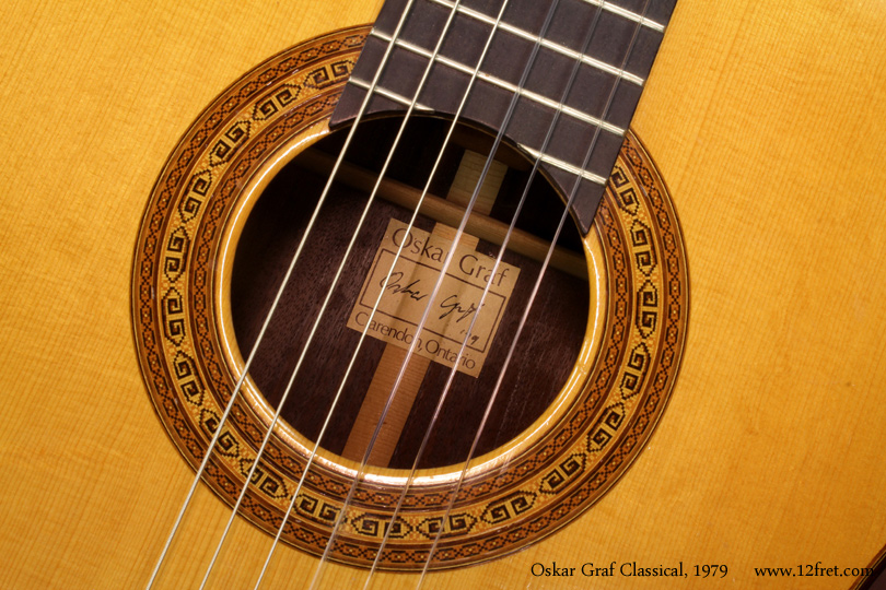 Here we have another fine instrument from the Clarendon, Ontario shop of Oskar Graf. 

This 1979 Oskar Graf classical has all the standard features - Indian rosewood and figured spruce top with 7-bar fan bracing, mahogany neck and ebony fingerboard.