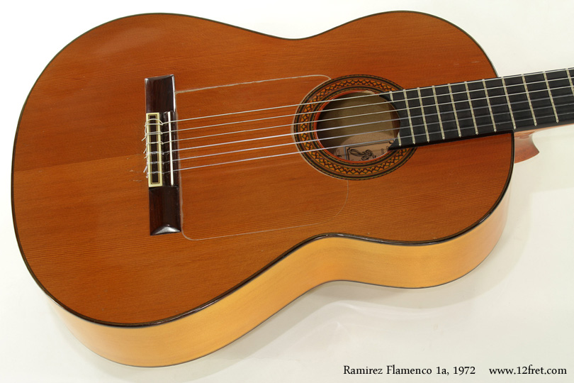 Ramirez guitars are special to play; so much of the history of guitar music is interwoven with the history of the Ramirez guitar shop.   This is a 1972 Ramirez Flamenco 1a Guitar in very nice condition.   Featuring traditional construction with friction tuners, cedar top, cypress back and sides, Spanish cedar neck and Spanish construction, this guitar is loud and brilliant yet not harsh.