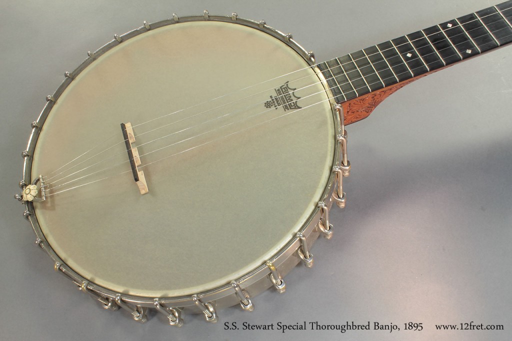 Shown here is a lovely SS Stewart Special Thoroughbred Banjo, built in 1895 and in completely playable condition.   This open-back style banjo features the original tailpiece, and a period dowel stick adjusster.   This is one of the few we've seen that have all the stickers and plaques complete and in place.
