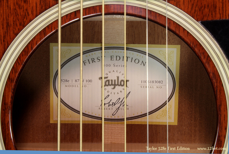 Today we are featuring the Taylor 528e First Edition. This large body guitar features a mahogany top, back and sides and a special First Edition peghead and fretboard inlay.