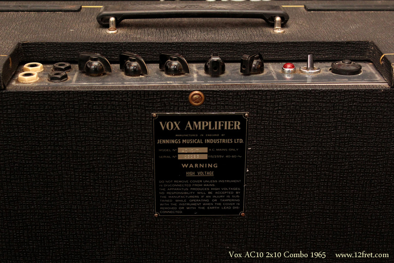 Here's an all original 1965 Vox AC10 2x10 Combo Amplifier.    Vox was the pre-eminent musical instrument amplifier manufacturer in the UK and much of Europe in the late 1950's and early 1960's, and produced most of the amps used by the most popular bands at the time.   If you've heard an early 1960's pop or rock record from the UK - you've heard Vox amplifiers.